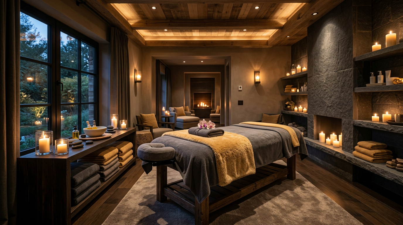 Warmly lit luxury massage spa